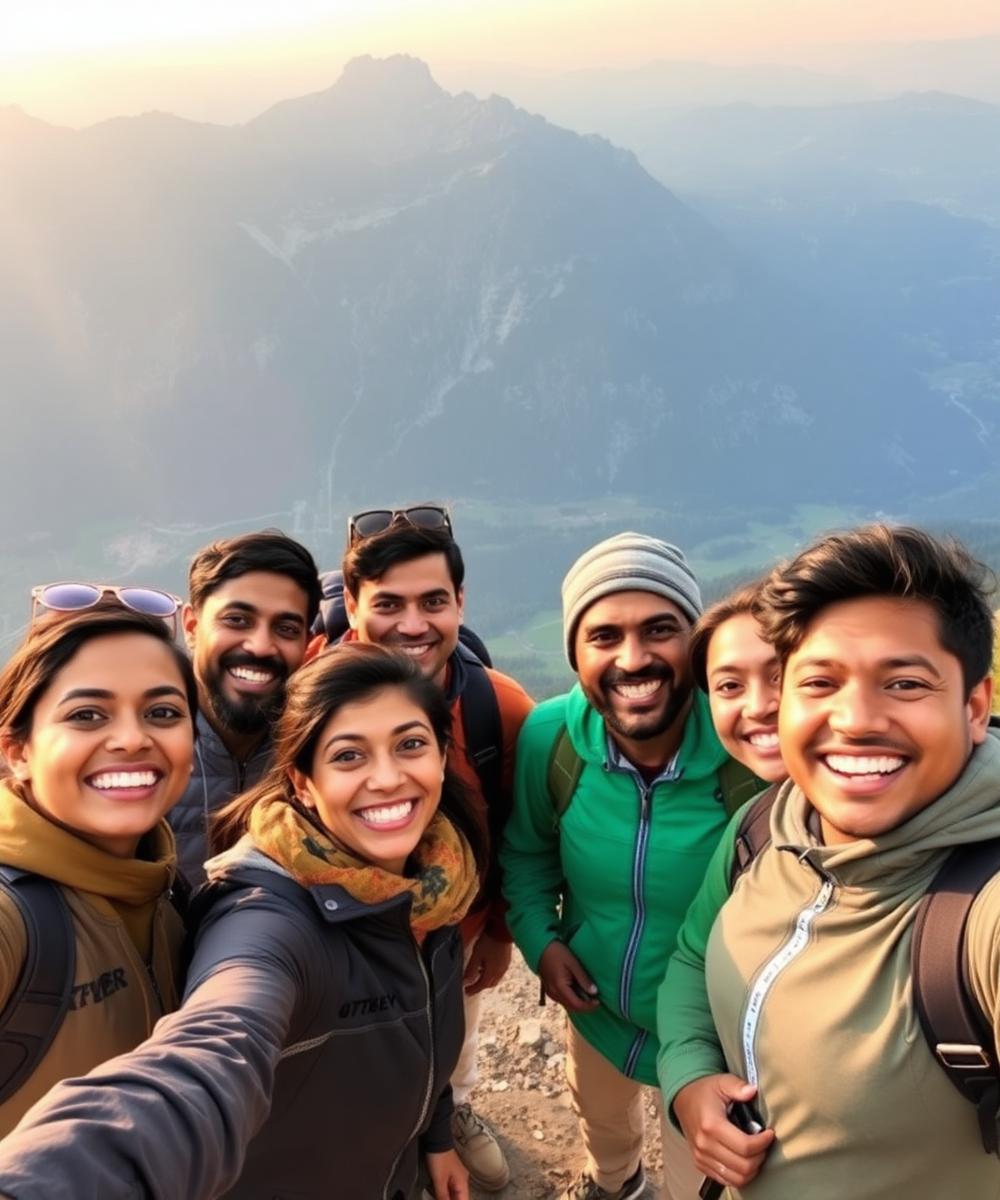 Group of friends on a mountain viewpoint