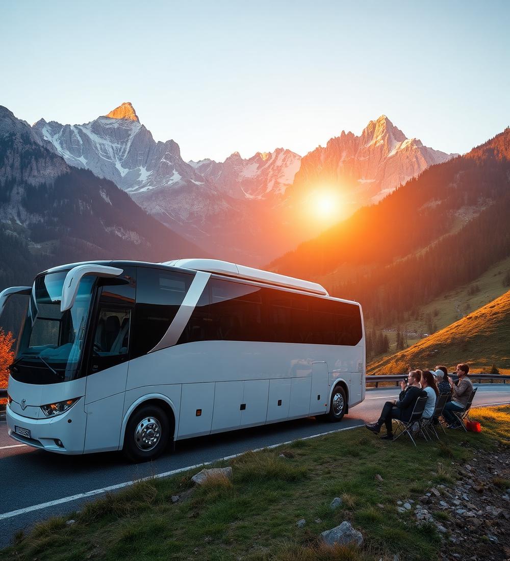 Coach parked at a scenic overlook in the Alps