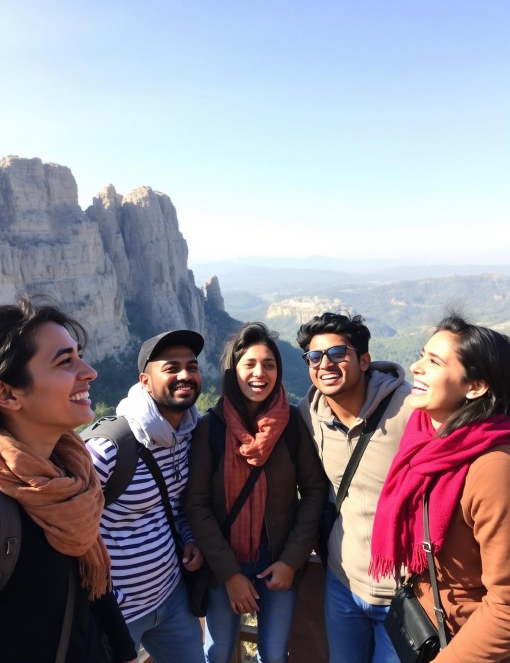 Travellers laughing at a sandstone viewpoint